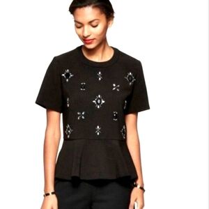 Kate Spade Black Short Sleeve Embellished Peplum Blouse